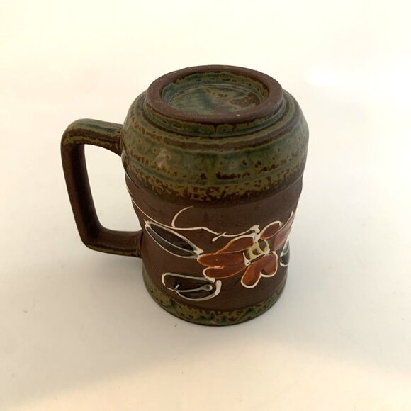 Vintage Japanese Pottery Stoneware Coffee Mug Brown Red Flower 4" Hand Made - Picture 7 of 8